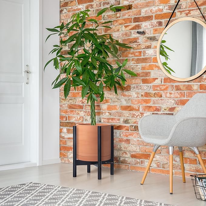 D'vine Dev Terracotta Planter with Ebony Stand - 12 Inch Modern Round Flower Pot with Wood Planter Holder, Terracotta, 55-B-H-5 - Bloomnest