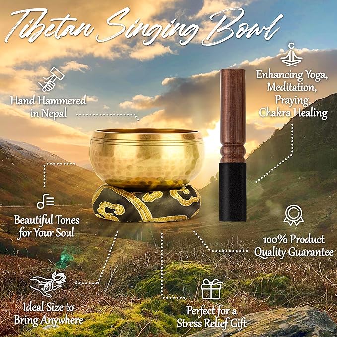 Tibetan Singing Bowls Set-Hand-hammered in Nepal Sound Bowl for Meditation, Yoga, Chakra, Meditation Accessories, Unique Gifts for Women, Men (Black, 3.15 inch)