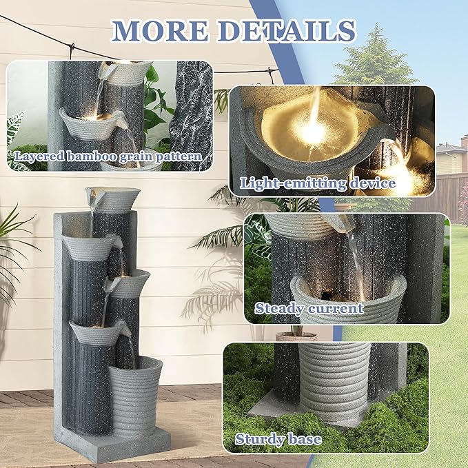 Grepatio Garden Water Fountain, 5 Tier Outdoor Cascading Waterfalls Fountains with LED Lights and Pump Indoor Modern 24" H Floor Standing Water Fountain for Garden, Patio, House Decor (Greyish Black) - Bloomnest