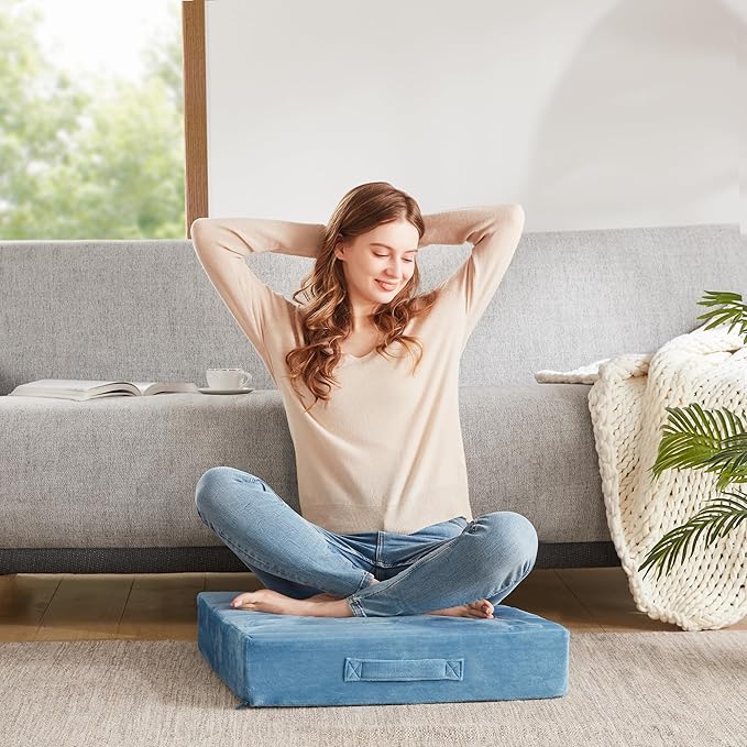 Codi Floor Cushions for Adults, Large Meditation Pillows with Thick Foam and Soft Tufted Covers, Washable Square Seating for Couch and Yoga Sitting, 22×22×5 Inch Blue