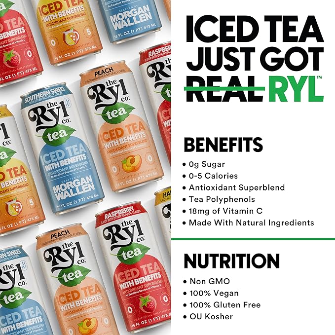Ryl Iced Tea MVP Variety Pack – Antioxidant Superblend, No Artificial Ingredients, Zero Sugar, Zero Calorie, Low Carb, Non-GMO, Kosher, Gluten Free, Made in the USA, 12-Pack, 16 Fl Oz - Bloomnest
