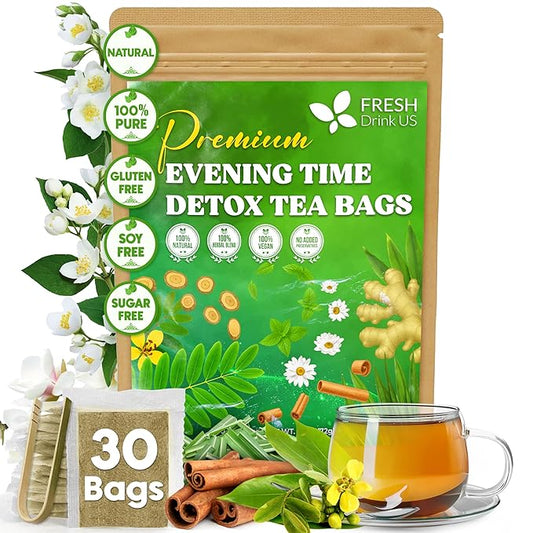 FreshDrinkUS, Evening Time Detox Herbal Tea – 30 Tea Bags – Caffeine-Free Blend with Senna, Peppermint, Chamomile, Licorice, Ginger, Reishi Mushroom – Relaxing Herbal Infusion – Non-GMO & Natural - Bloomnest