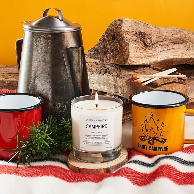 Outdoor Fellow Campfire Scented Candle, 8oz, Coconut & Apricot Wax Blend, Sandalwood, Smoked Amber, Charred Cedarwood, Reusable Glass, 40-50 Hour Burn Time - Bloomnest