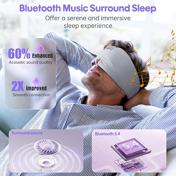 MUSICOZY Ice Silk Sleep Headphones with Bluetooth Mask, Eye Mask for Sleeping in Total Darkness, 5.4 Bluetooth Sleep Mask Sleep Headphones, Soft, Gifts for Men Women (Purple) - Bloomnest