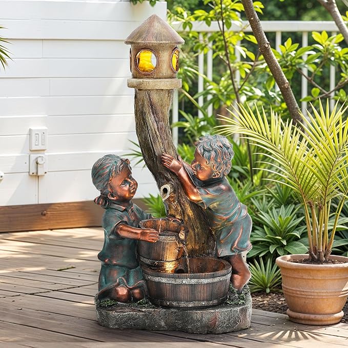 31" Resin Outdoor Water Fountain with LED Lights, Boy-Girl, Pagoda and Wood Barrel Garden Fountain, 3-Tier Cascading Waterfall for Tranquil Backyard, Patio or Porch, Faux Bronze Finish