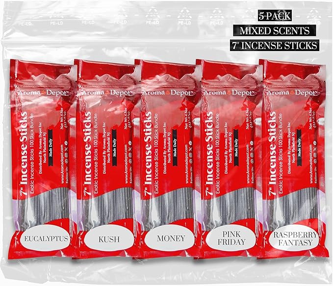 Mixed Scents Pack 7'' Incense Sticks - Variety Set 500 Pack - 7 inch - 5 Bundles 100 Sticks Per Fragrance Scent. Set Features Eucalyptus, Kusk, Moeny, Pink Friday Type, Raspberry Fantasy