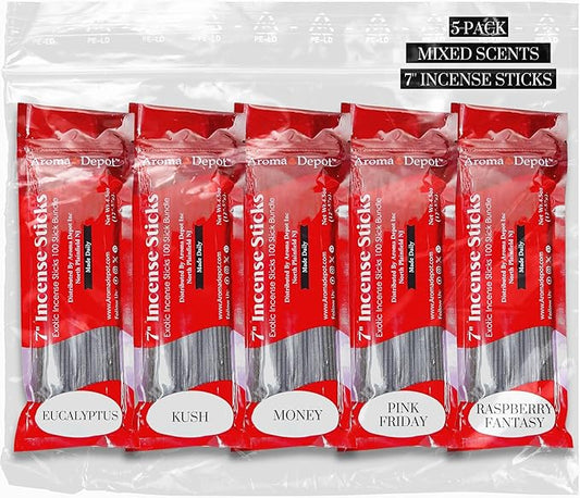Mixed Scents Pack 7'' Incense Sticks - Variety Set 500 Pack - 7 inch - 5 Bundles 100 Sticks Per Fragrance Scent. Set Features Eucalyptus, Kusk, Moeny, Pink Friday Type, Raspberry Fantasy