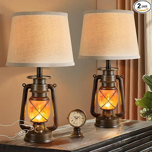 LEDIARY 18.72" LED Vintage Lantern Flickering Flame Table Lamps for Bedrooms Set of 2, Small Farmhouse Rustic Vintage End Table Lamps, Halloween Decorative Lantern Bedside Lamps for Living Room - Bloomnest