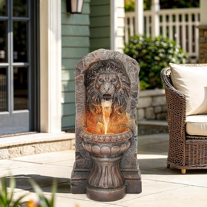 30in Outdoor Water Fountain with LED Lights, Majestic Bronze Lion Sculpture Garden Fountain, 2-Tier Pedestal Waterfalls, Durable Resin Water Feature for Yard, Patio or Porch Decor