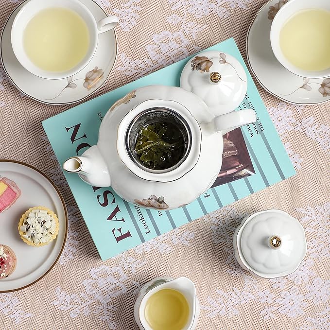CHENP.HMC Porcelain Ceramic 22-Piece Tea Set, Teapot and Cup Set, 30.7 Ounces, for 6, Gift Sets, Tea or Coffee Lovers, Wedding, Birthday - Bloomnest