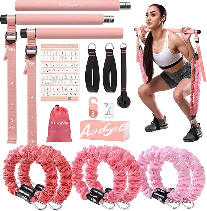 Upgraded Pilates Bar Kit with Resistance Bands Natural Latex for Women & Men, Heavy-Duty Stainless Steel Multifunctional Yoga Pilates Stick for Home Gym Exercise Fitness Equipment Full-Body Workouts - Bloomnest