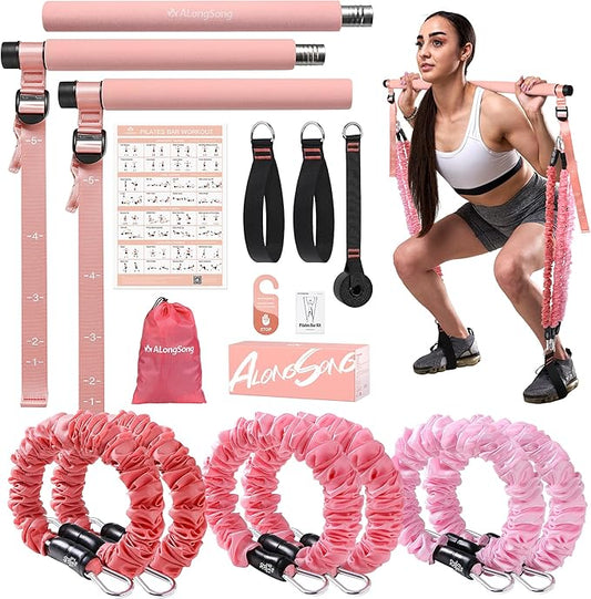 Upgraded Pilates Bar Kit with Resistance Bands Natural Latex for Women & Men, Heavy-Duty Stainless Steel Multifunctional Yoga Pilates Stick for Home Gym Exercise Fitness Equipment Full-Body Workouts - Bloomnest