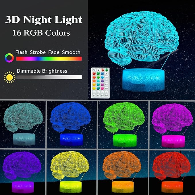 Neurology Gifts, 3D Brain Illusion Lamp, Night Light with16 Colors Changing, Remote Control, Timer, Dimmable, Kids Room Decoration, Xmas Brain Model Gifts - Bloomnest