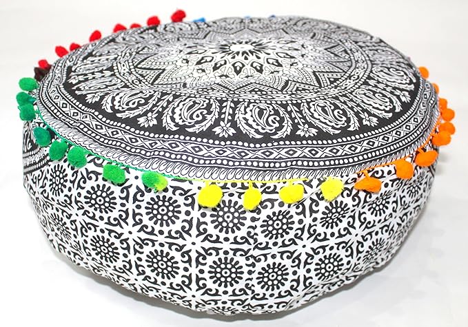 INDIAN CRAFT CASTLE ICC Mandala Barmeri Large Floor Pillow Cover Cushion Meditation Seating Ottoman Throw Cover Hippie Decorative Zipped Bohemian Pouf Ottoman Cases Black Elephant 18" Round - Bloomnest