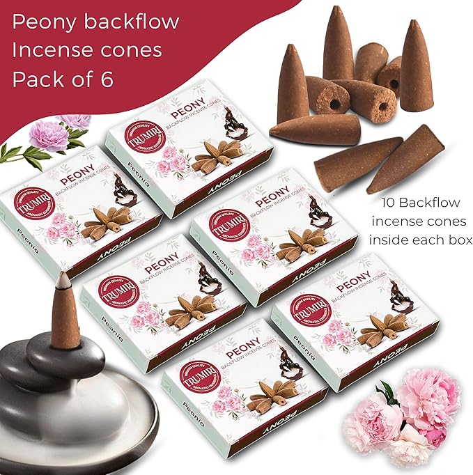 Peony Backflow Incense Cones - 60 Total Incense Waterfall Cones - Six Packs of 10