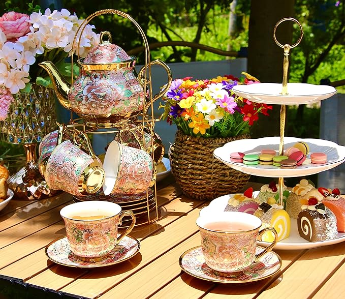 20 Pieces Porcelain Tea Set With Metal Holder, European Ceramic tea set for adults,Flower Tea Set,Tea Set For Women With Flower Painting(Large version, Red) - Bloomnest