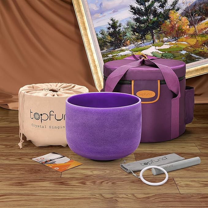 TOPFUND Purple B Note Crystal Singing Bowl Crown Chakra 10" with Heavy Duty Carrying Case and Suede Mallet