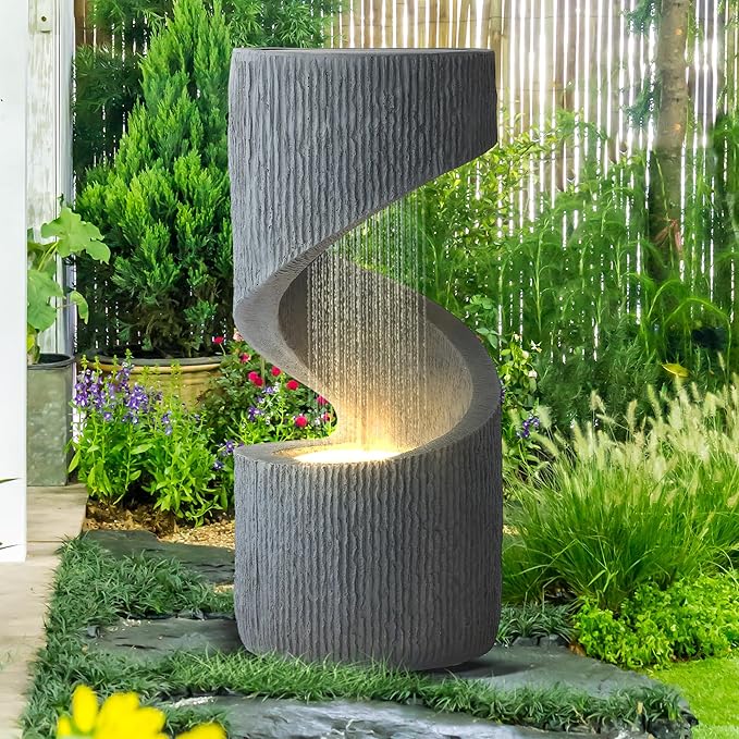 31.9" Outdoor Garden Water Fountain, S-Shaped Cascading Fountains and Waterfalls with LED Lights & Splash-Proof Net, Indoor/Outdoor Floor Standing Water Feature for Patio, Backyard, Home Decor - Bloomnest