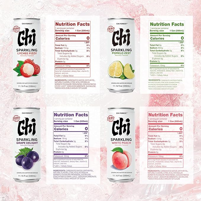 CHI FOREST Sparkling Water Beverage, 4 Flavors Variety Pack, Zero Sugar, 11.16 fl oz Cans (Pack of 24) - Bloomnest