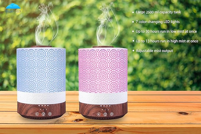 BlueHills 2500 ML XL Essential Oil Diffuser for Large Room Aroma Humidifier Home Decor Bed Baby Room Big Huge 2.5 L Capacity Long Run Color Lights Decorative Design High Mist Dark Wood Grain F004 - Bloomnest