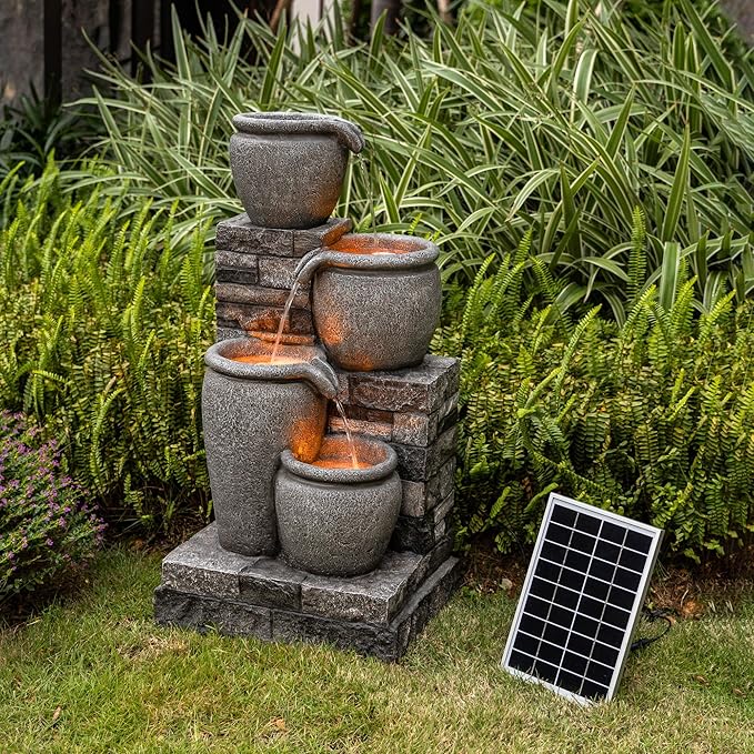 Teamson Home 30.7" 4-Tier Cascading Bowl Solar Powered Water Fountain for Outdoor Living Spaces, Gray - Bloomnest