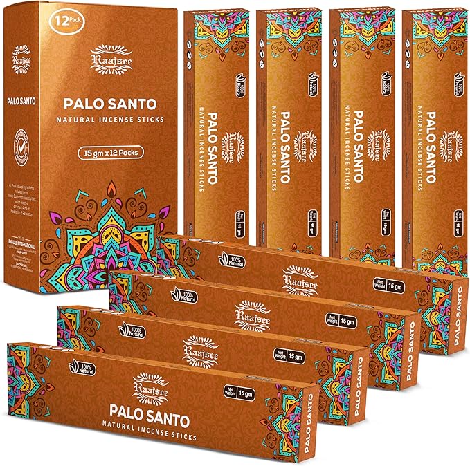 Raajsee Palo Santo Incense Sticks (180 GMS), 100% Pure Organic Natural Hand Rolled Free from Chemicals- Perfect for Aromatherapy, Cleansing, Meditation, and Church (Pack of 12) - Bloomnest