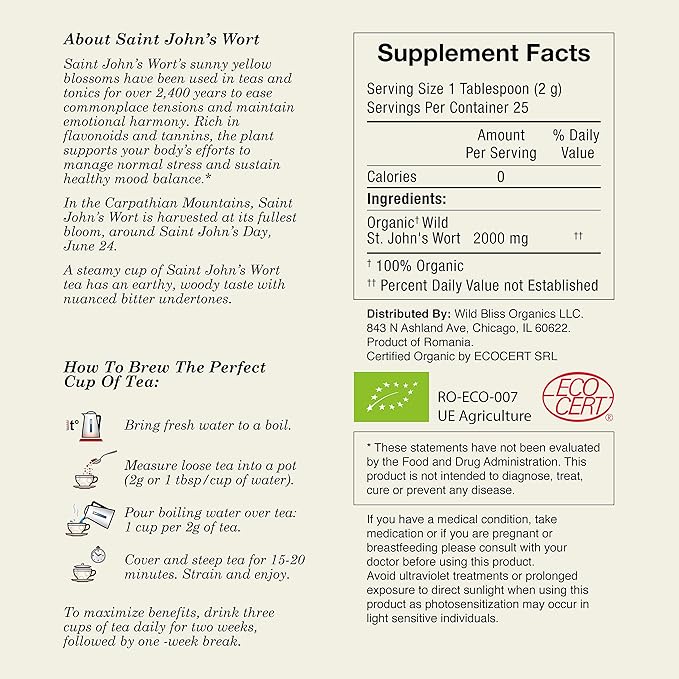 Wild Bliss Organic St Johns Wort Herbal Tea - Caffeine Free Mood Balance Support Tea - Pharmacopoeia Potency - 20 Plant Based Tea Bags - Bloomnest