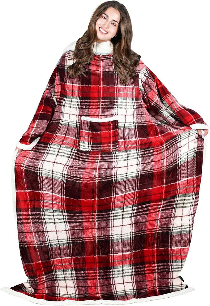 Tirrinia Sherpa Wearable Blanket With Sleeves, Full Body Throw Reading Wrap TV Blankets - Bloomnest