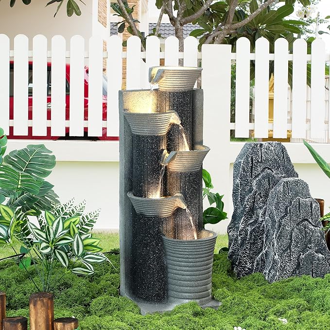 Grepatio Outdoor 5-Tiers Cascading Water Fountain, Garden Waterfalls Fountain with LED Lights, 24" H Modern Indoor Floor Standing Water Fountains with Pump for Patio, Yard, Deck Decor (Greyish Black) - Bloomnest