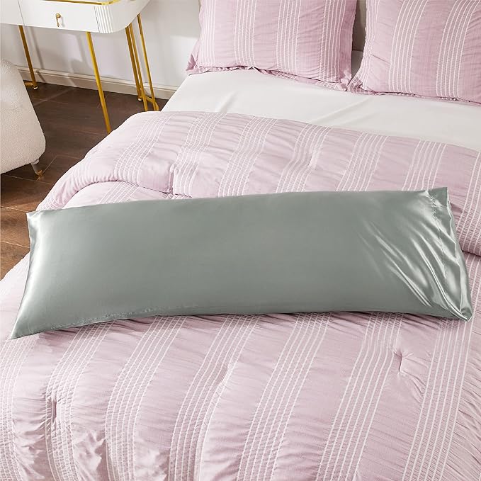 Bedsure Satin Body Pillow Pillowcase - Similar to Silk Body Pillow Cover Case with Envelope Closure,Cooling and Silky Long Pillowcase for Hair and Skin,Grey,20x54 Inches - Bloomnest