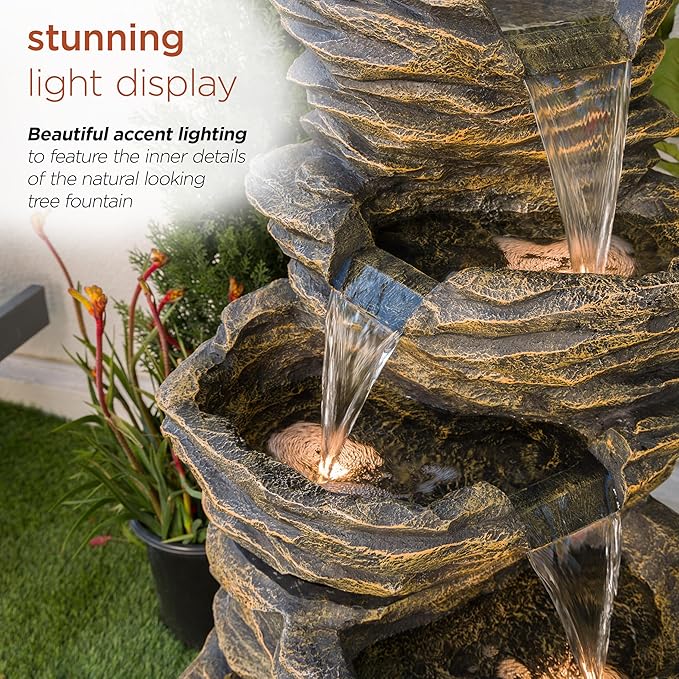 Alpine Corporation GIL110 Outdoor 5 Tiered Natural Look Rock Water Floor Fountain with Replaceable Lights,39" H, Brown - Bloomnest