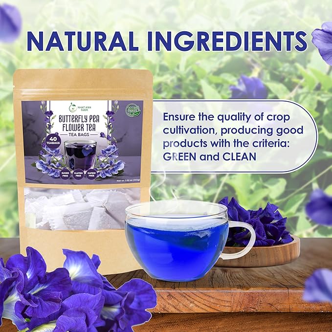 Nhat Anh Farm - Premium Butterfly Pea Tea Bags - Dried Butterfly Pea Flower Tea Bags - 40 Teabags, 2.5g/bag), 100% Natural & Pure/Sugar/Caffeine/Gluten Free. Good For Your Health - Bloomnest