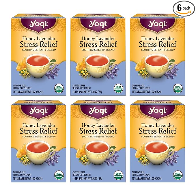 Yogi Tea Honey Lavender Stress Relief Tea - 16 Tea Bags per Pack (6 Packs) - Organic Chamomile Lavender Tea - Includes Lemon Balm, Lemongrass, Spearmint Leaf, Peppermint Leaf, Honey Flavor & More - Bloomnest