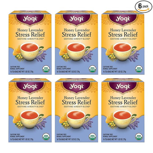 Yogi Tea Honey Lavender Stress Relief Tea - 16 Tea Bags per Pack (6 Packs) - Organic Chamomile Lavender Tea - Includes Lemon Balm, Lemongrass, Spearmint Leaf, Peppermint Leaf, Honey Flavor & More - Bloomnest