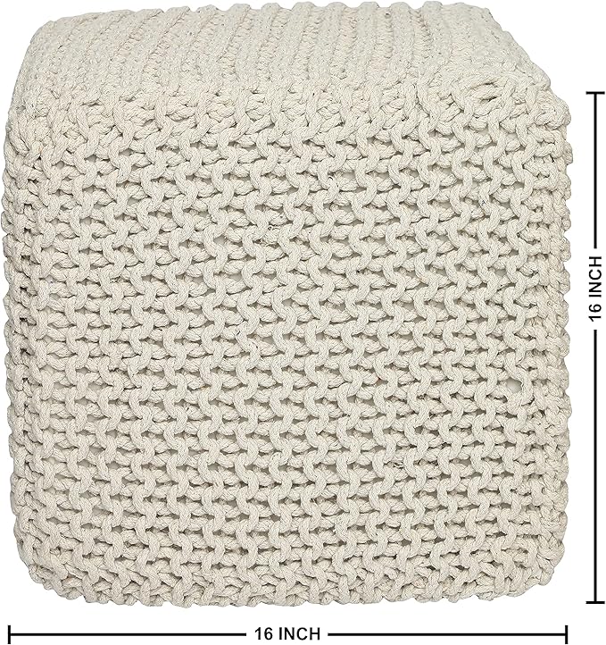 REDEARTH Square Pouf Ottoman Foot Stool - Hand Knitted Bean Bag - Cord Boho Pouffe - Accent Poof for Living Room - Nursery - Bedroom - Kids Bedroom - Patio - 100% Cotton (16" x 16" x 16") - Ivory - Bloomnest