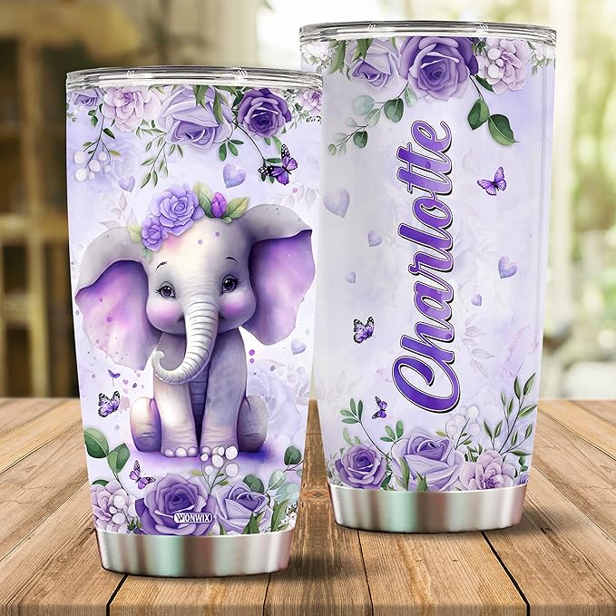 Personalized Elephant Tumbler Customized Name Elephants Mug Gift Mugs Funny Gifts For Adults Purple Flowers Cups 20oz Insulated Stainless Steel Coffee Cup With Lid - Bloomnest