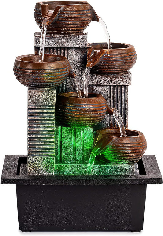 Indoor Fountains and Waterfalls from 5-Tiered Pots-12”H Tabletop Water Fountain-Desk Fountain-Office Decor with Audible Calming Waterfall Sounds-Zen Fountain with Color Lights
