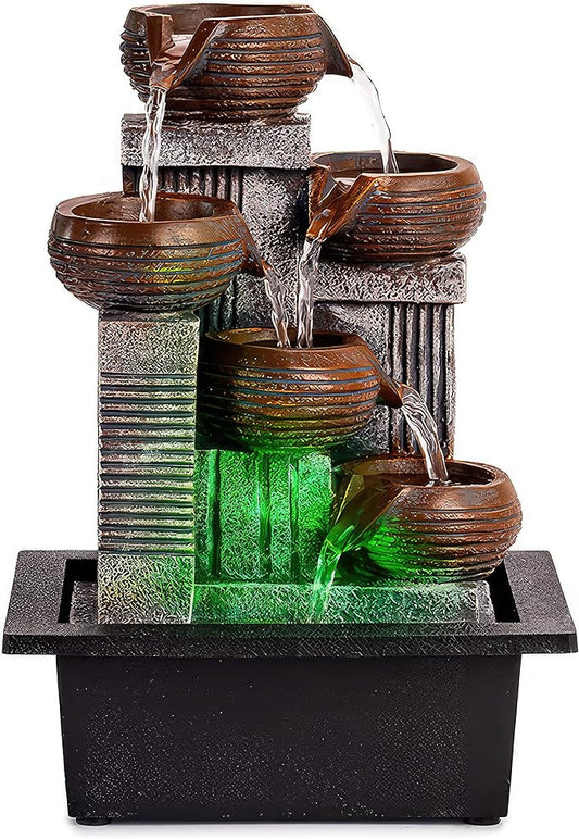 Indoor Fountains and Waterfalls from 5-Tiered Pots-12”H Tabletop Water Fountain-Desk Fountain-Office Decor with Audible Calming Waterfall Sounds-Zen Fountain with Color Lights - Bloomnest
