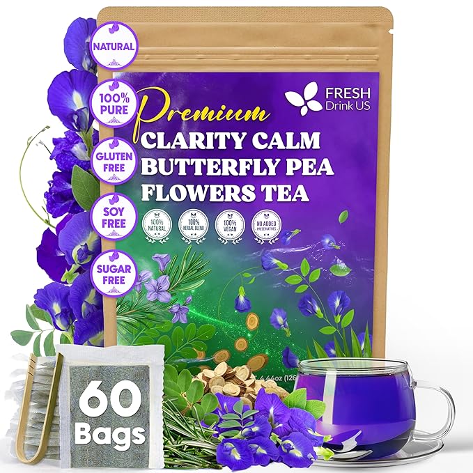 FreshDrinkUS, Clarity Calm Butterfly Pea Flower Tea – 60 Tea Bags Herbal Blend of Butterfly Pea Flower, Rosemary, Moringa, Lemongrass & Licorice Root – Caffeine-Free. Sugar-Free. Gluten-Free. Vegan - Bloomnest