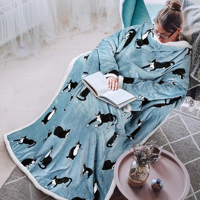 Tirrinia Sherpa Wearable Blanket With Sleeves, Full Body Throw Reading Wrap TV Blankets - Bloomnest