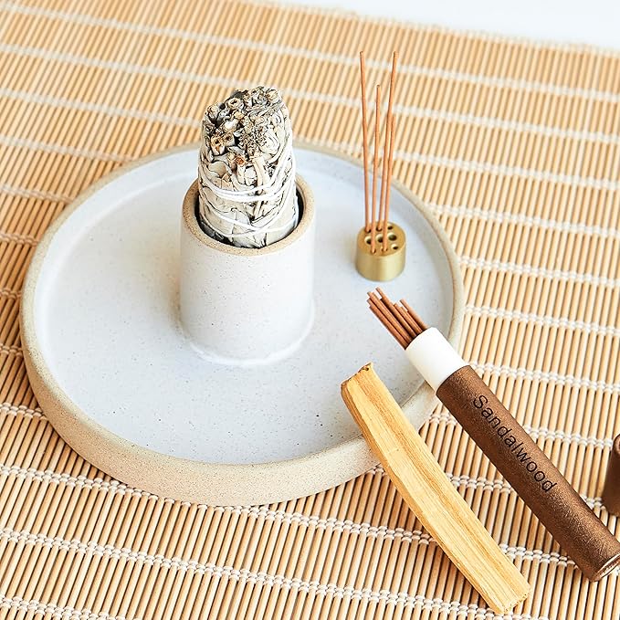 Ceramic Sage Holder for Burning 3 in 1 - Sage Smudge Kit - Incense Holder for Sticks - Palo Santo Holder - White Sage Burner - Altar Supplies Decor - White Sage, Palo Santo, Incense Sticks Included Amarcado