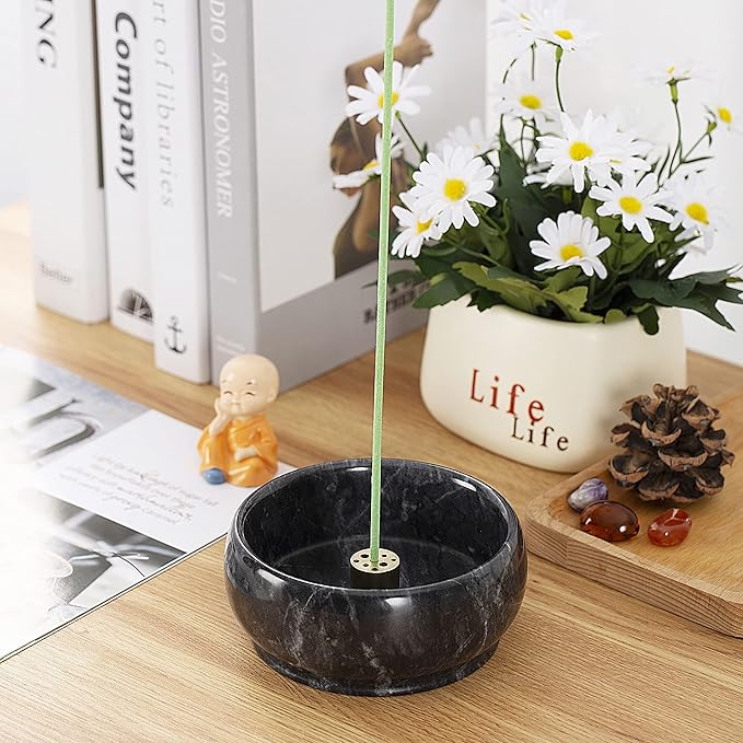 Incense Holder, Incense Burner ash Catcher with Brass 9 Holes Incense Stick Holder for Home Decor Yoga Spa Madiation (Natural Black Marble) Birthday Gifts for Women - Bloomnest