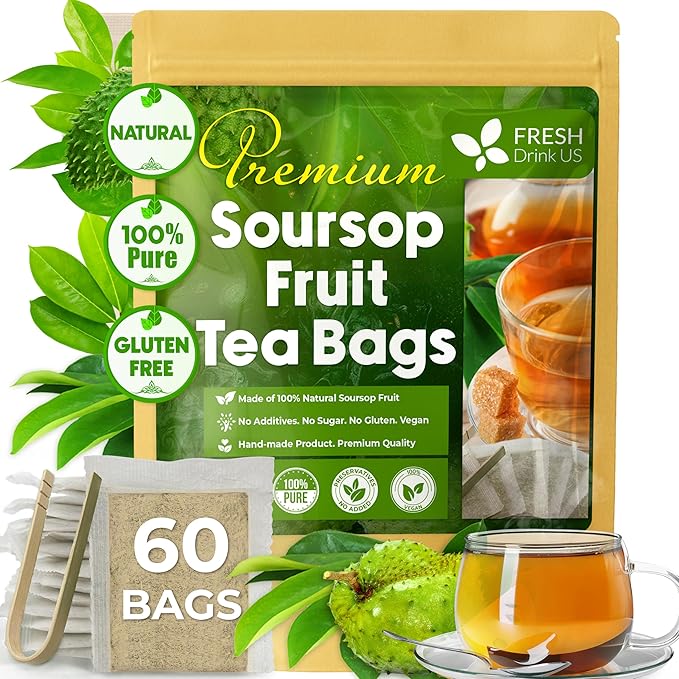 FreshDrinkUS, 60 Premium Soursop Graviola Fruit Tea Bags, 100% Natural and Pure from Soursop Fruits, Made With Natural Materials-Corn Fiber Tea Bag, Sugar/Caffeine/Gluten Free, Hoja Guanabana Tea - Bloomnest