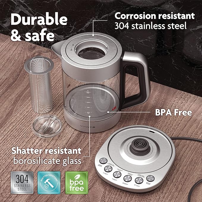 Vianté Electric Kettle With Infuser For Loose Leaf. Hot Tea Maker With Temperature Control And Automatic Shut Off. Tea Kettle With Brewing Programs. 1.5 Liters Capacity - Bloomnest