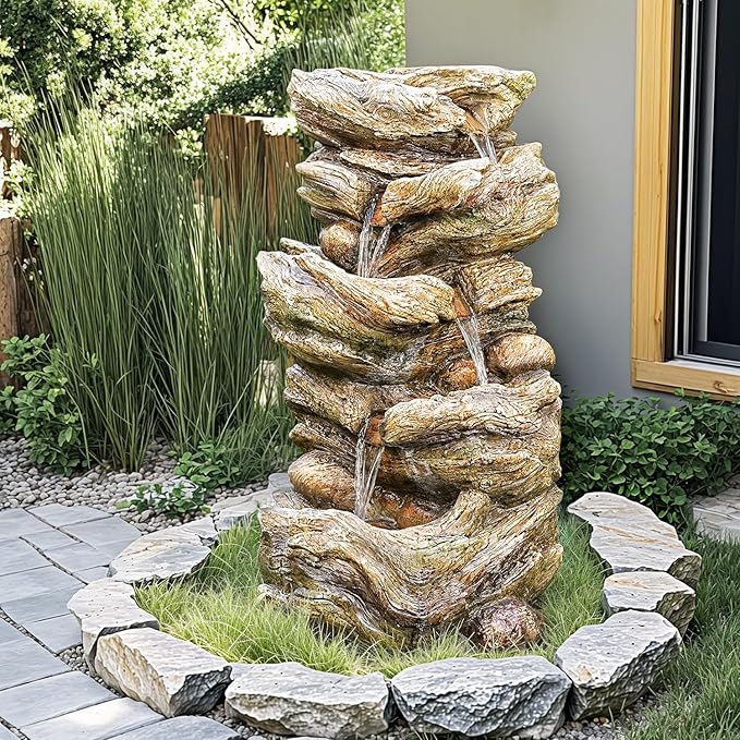 32" High Outdoor Water Fountain, 5-Tiers Cascading Rock Waterfall with LED Lights for Garden, Patio, Yard Decor, Soothing Tranquility for Any Outdoor Living Space - Bloomnest