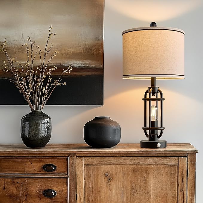24'' Table Lamps for Living Room Bedroom Industrial Touch Lamp with USB A+C Ports, Night Light Farmhouse Vintage Nightstand Bedside Lamps for Night Stands Metal Black, Bulbs Included - Bloomnest