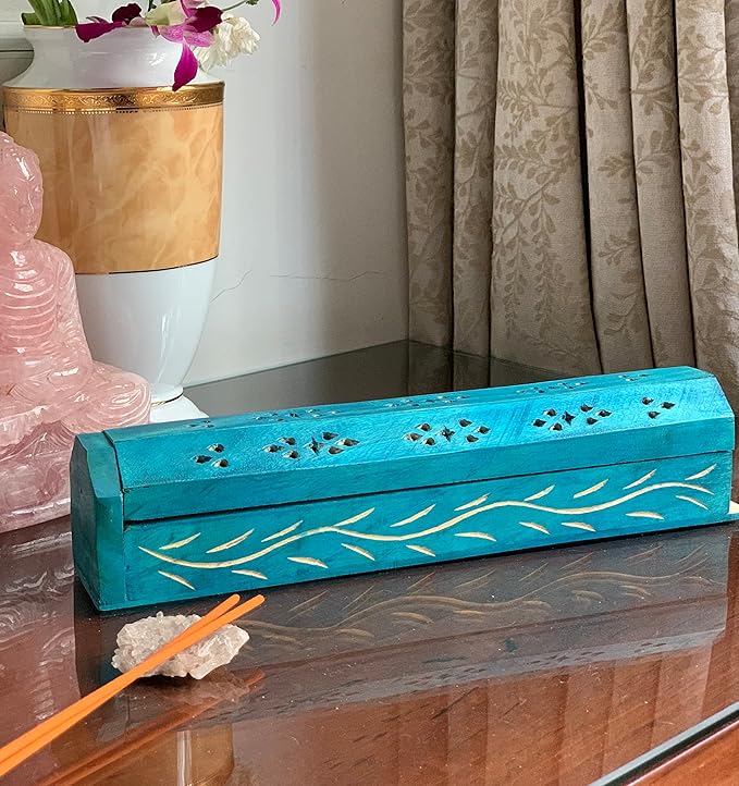 Wooden Incense Stick & Cone Burner Holder Coffin with Storage Compartment Organic Eco Friendly Ash Catcher Agarbatti Holder Rustic Style for Meditation Yoga Aromatherapy Home Fragrance Products - Bloomnest