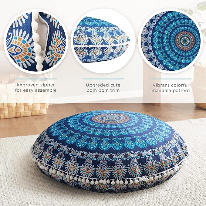 Codi Meditation Floor Pillow Set of 2, Round Large Pillows Seating for Adults, Bohemian Mandala Circle Cushion for Outdoor Fireplace Yoga Living Room, 32 Inch, Memory Foam Added, Navy - Bloomnest