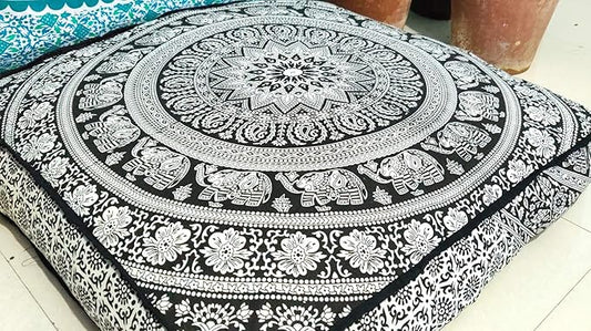 Black White Elephant Flower Mandala Mandala Barmeri Large Floor Pillow Cover Cushion Meditation Seating Ottoman Throw Cover Hippie Decorative Zipped Bohemian Pouf Ottoman Cases 24 " square - Bloomnest