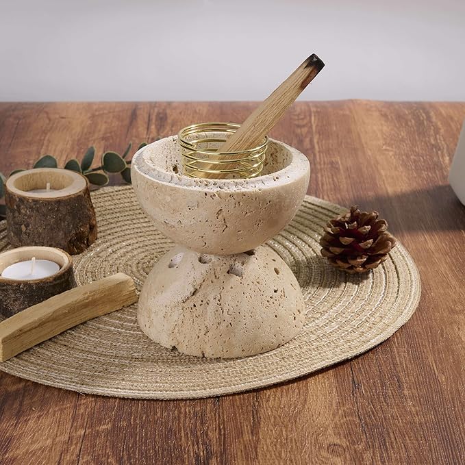 Handmade Travertine Stone Incense Resin Burner Holder – Natural Stone Incense Burner with Brass Insert for Home Decor & Relaxation - Bloomnest